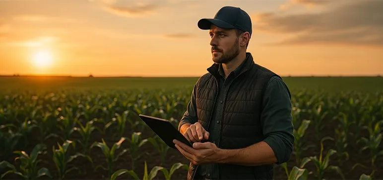 Produtor rural no campo com tablet